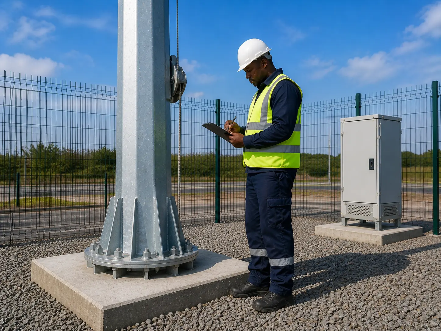 ENDD site engineer conducting final handover inspection of an installed mid hinge mast in Gauteng, South Africa