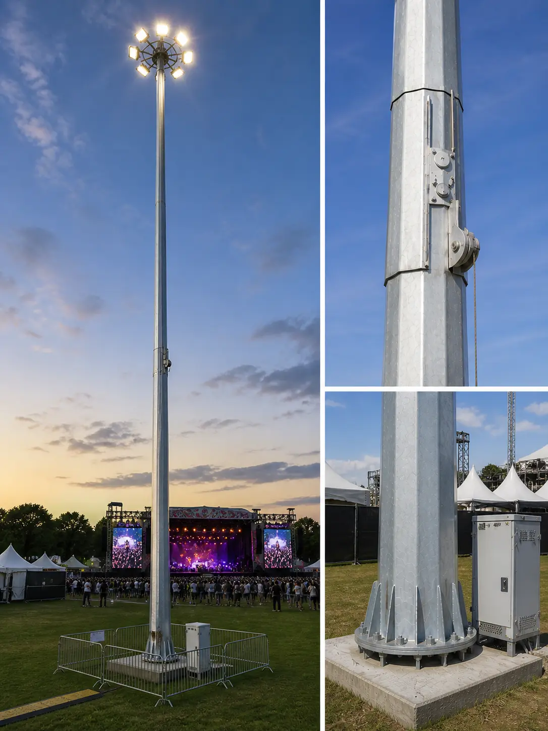 Temporary mid hinge mast with audio and lighting equipment rigged for a large outdoor event in South Africa