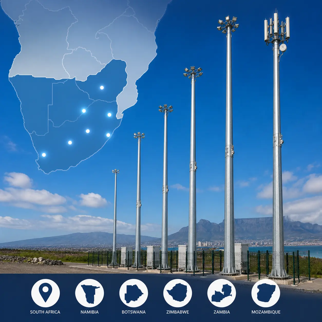 Satellite view of Southern Africa showing the nine countries ENDD services with mid hinge masts