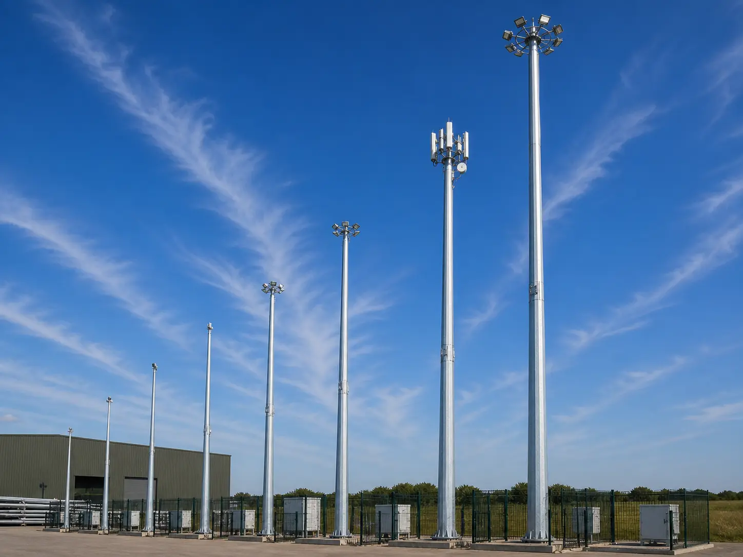 Range of ENDD manufactured mid hinge masts in various heights for commercial and industrial use