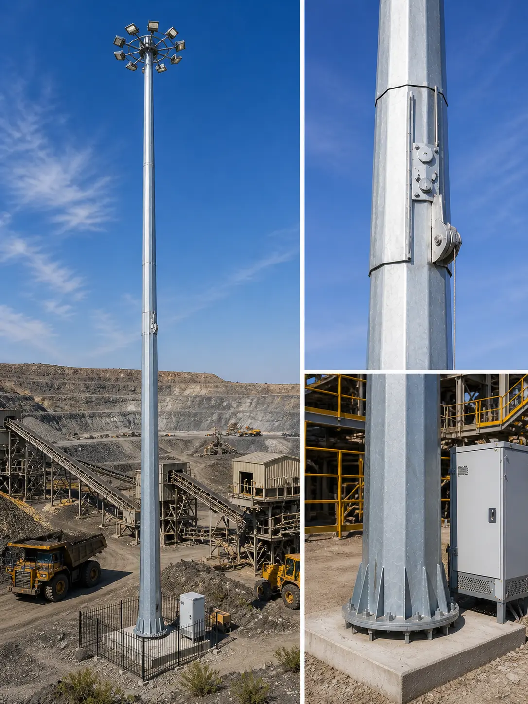 Industrial mid hinge mast at a South African mining site used for communications and area lighting