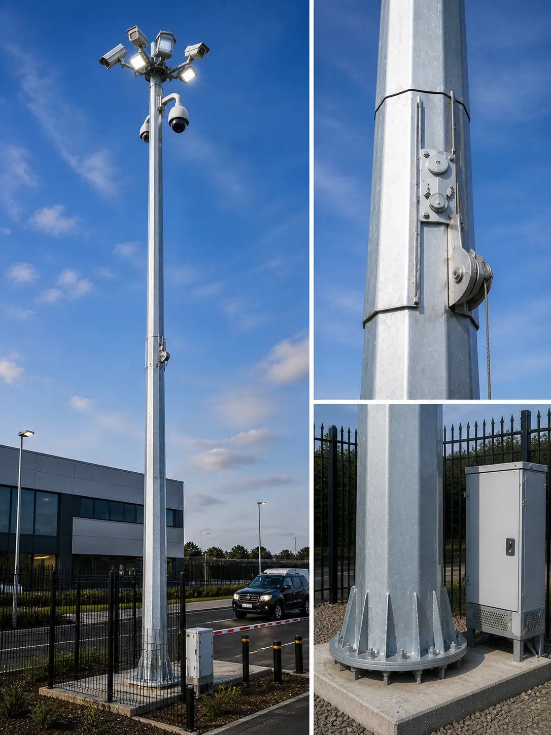 Mid hinge mast mounted with CCTV surveillance cameras and sensors at a secured industrial facility in South Africa