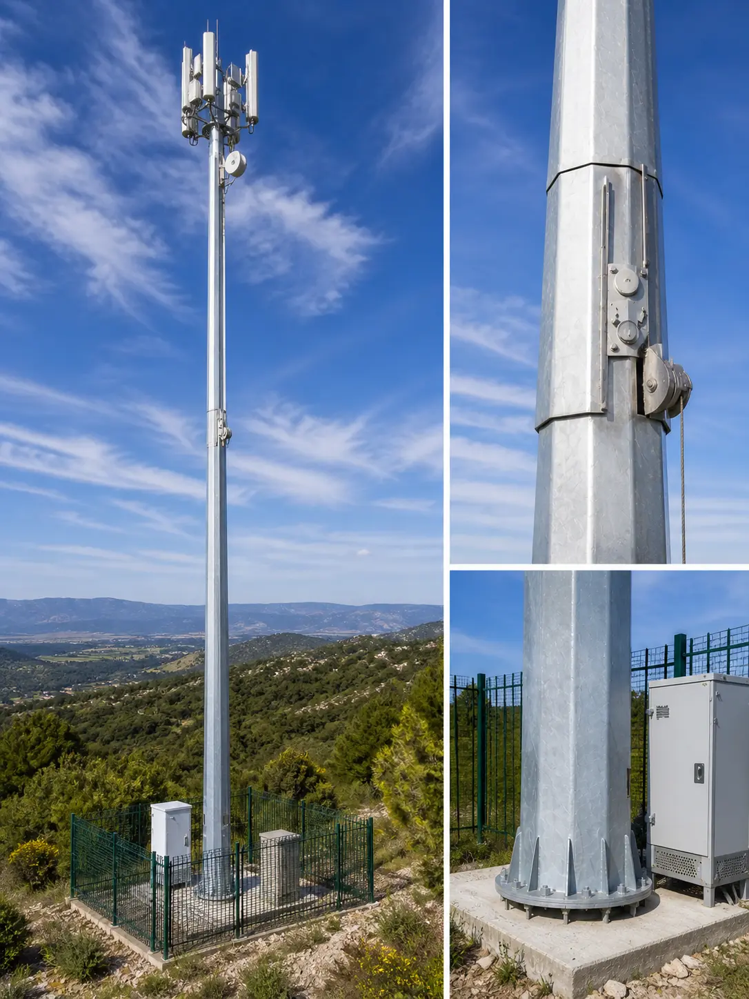 Mid hinge mast supporting telecommunications antenna array on a telecoms site in Gauteng